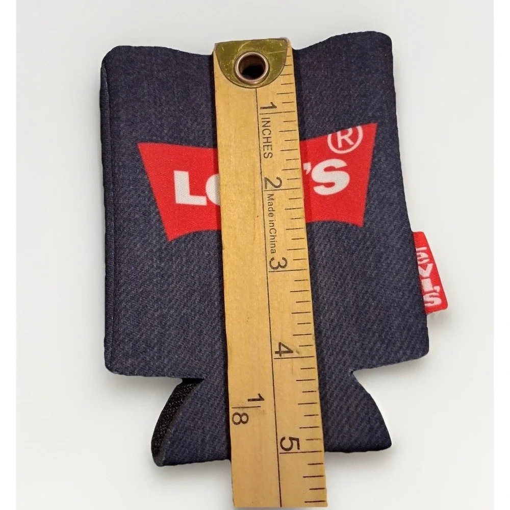 Levis Denim Print Neoprene Can Cooler Koozie Set of 2 Red Batwing Logo Two Horse